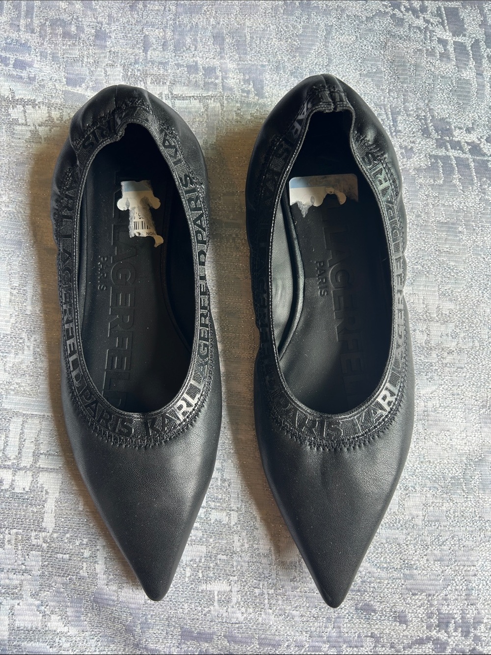 Karl Lagerfeld Black Pointed Ballet Flats with Branded Trim